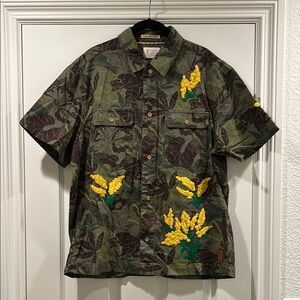 Green Camouflage Jacket with Yellow Floral Embroidery